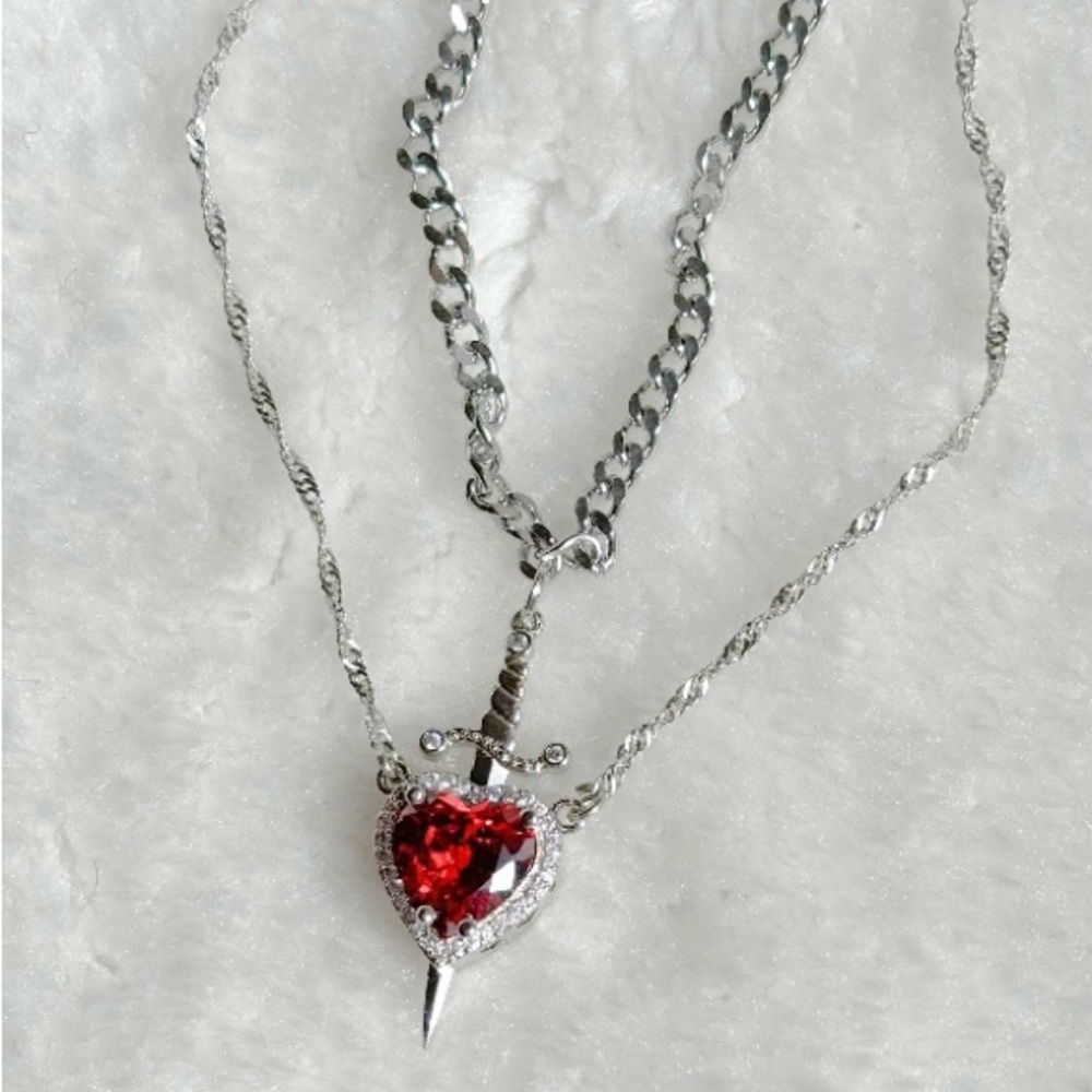 Silver Tone Heart and Sword His and Her Necklace
